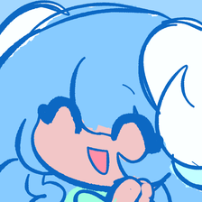 A blue-haired character in a big white hat, smiling.